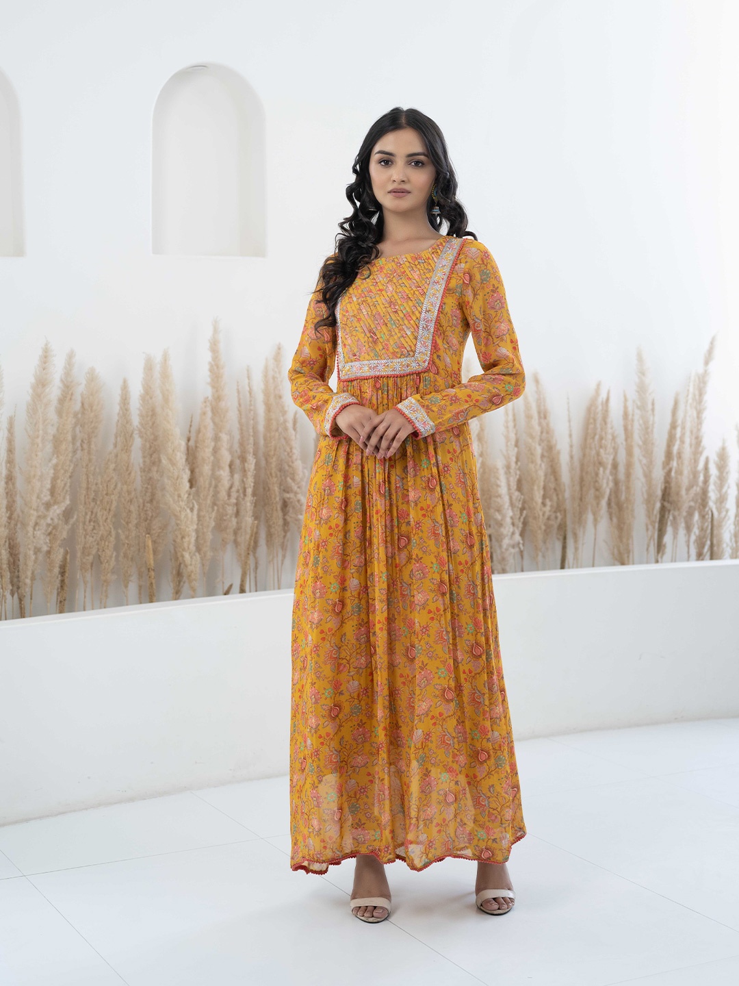 

KALINI Floral Printed Lace-Up Detail Georgette Fit and Flare Maxi Dress, Mustard