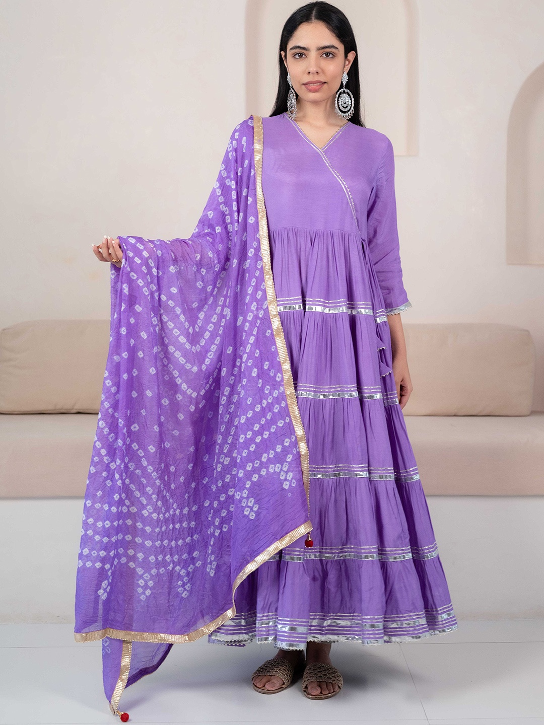 

KALINI V Neck Gotta Patti Empire Ethnic Dress With Dupatta, Lavender