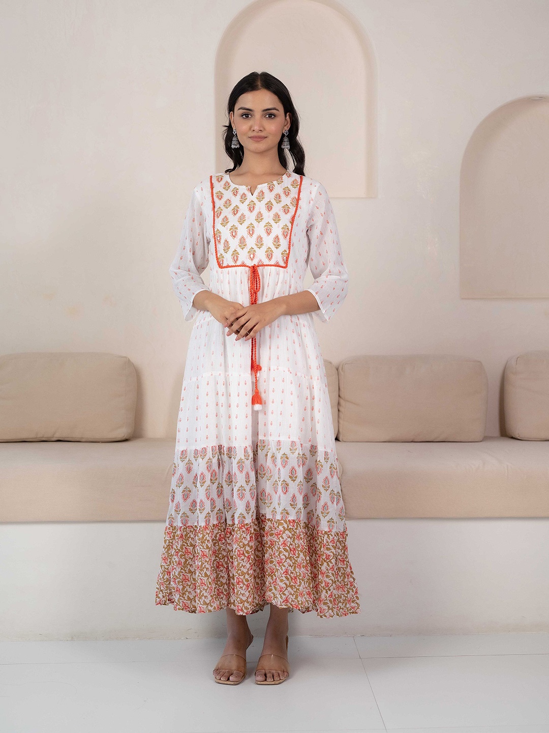 

KALINI Ethnic Motifs Printed Cotton Maxi Ethnic Dress, White