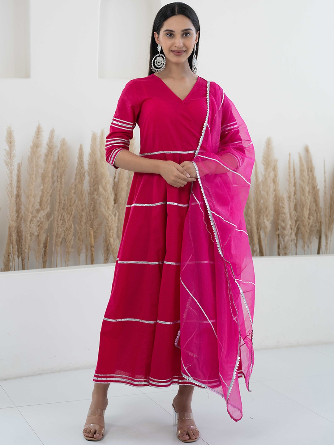 

KALINI V Neck Gotta Patti Cotton Fit & Flare Ethnic Dress With Dupatta, Pink