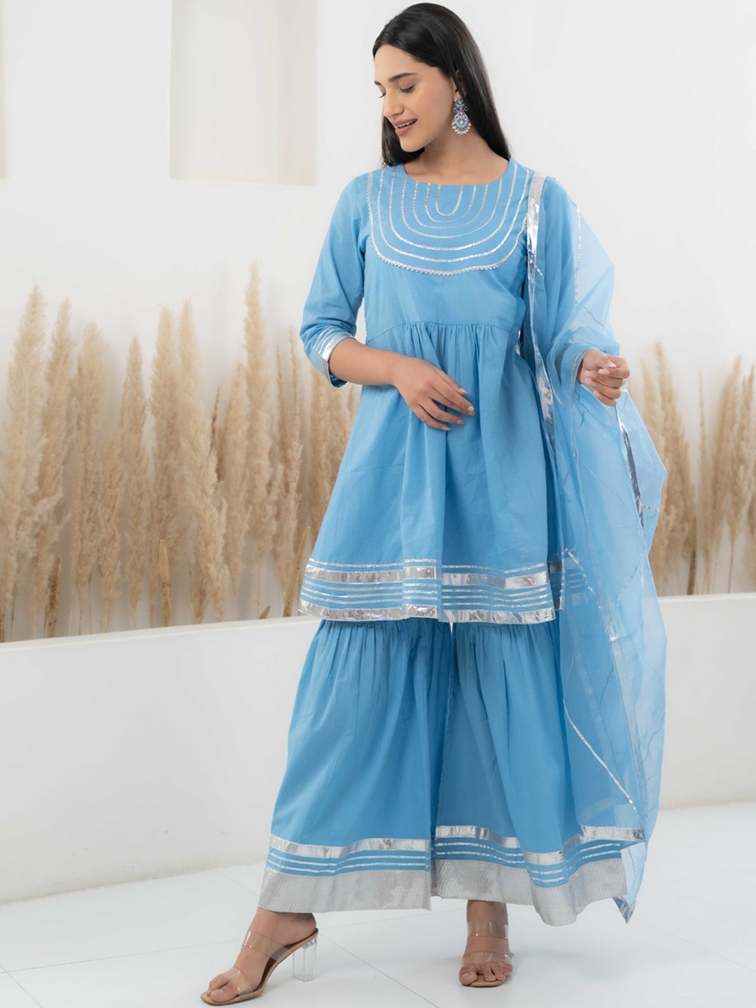 

KALINI Yoke Design Regular Gotta Patti Pure Cotton Kurta With Sharara & Dupatta, Blue