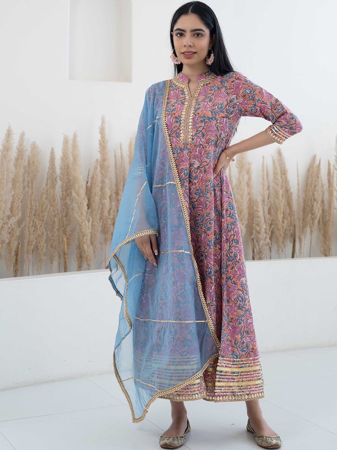 

KALINI Floral Printed Embroidered A Line Ethnic Dress With Dupatta, Pink