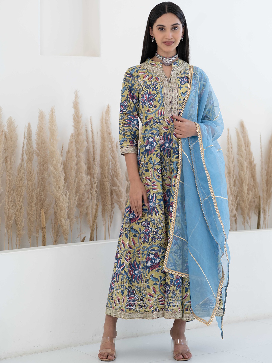 

KALINI Floral Printed Embroidered A Line Ethnic Dress With Dupatta, Green