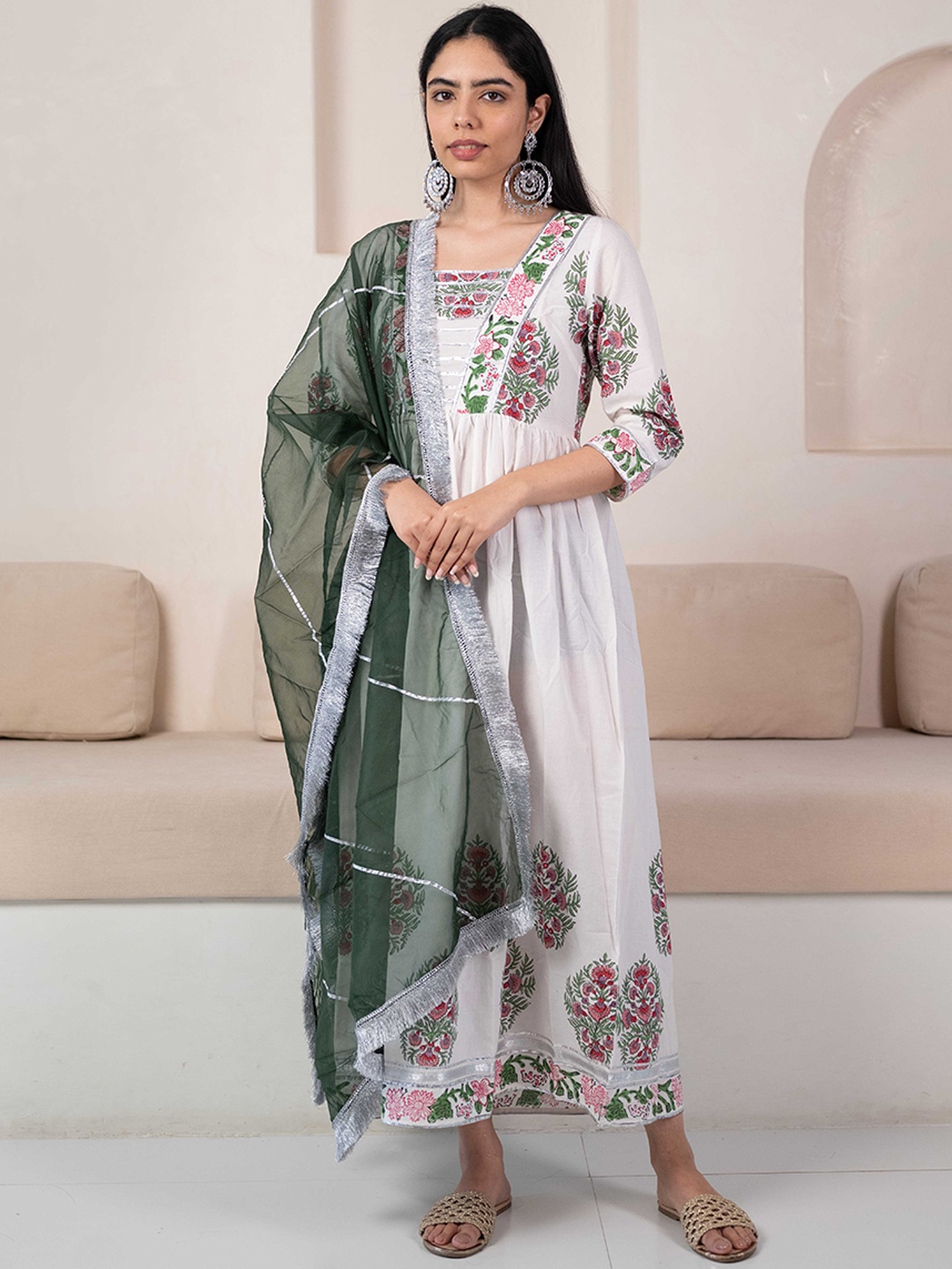 

KALINI Floral Printed Cotton A Line Ethnic Dress With Dupatta, White