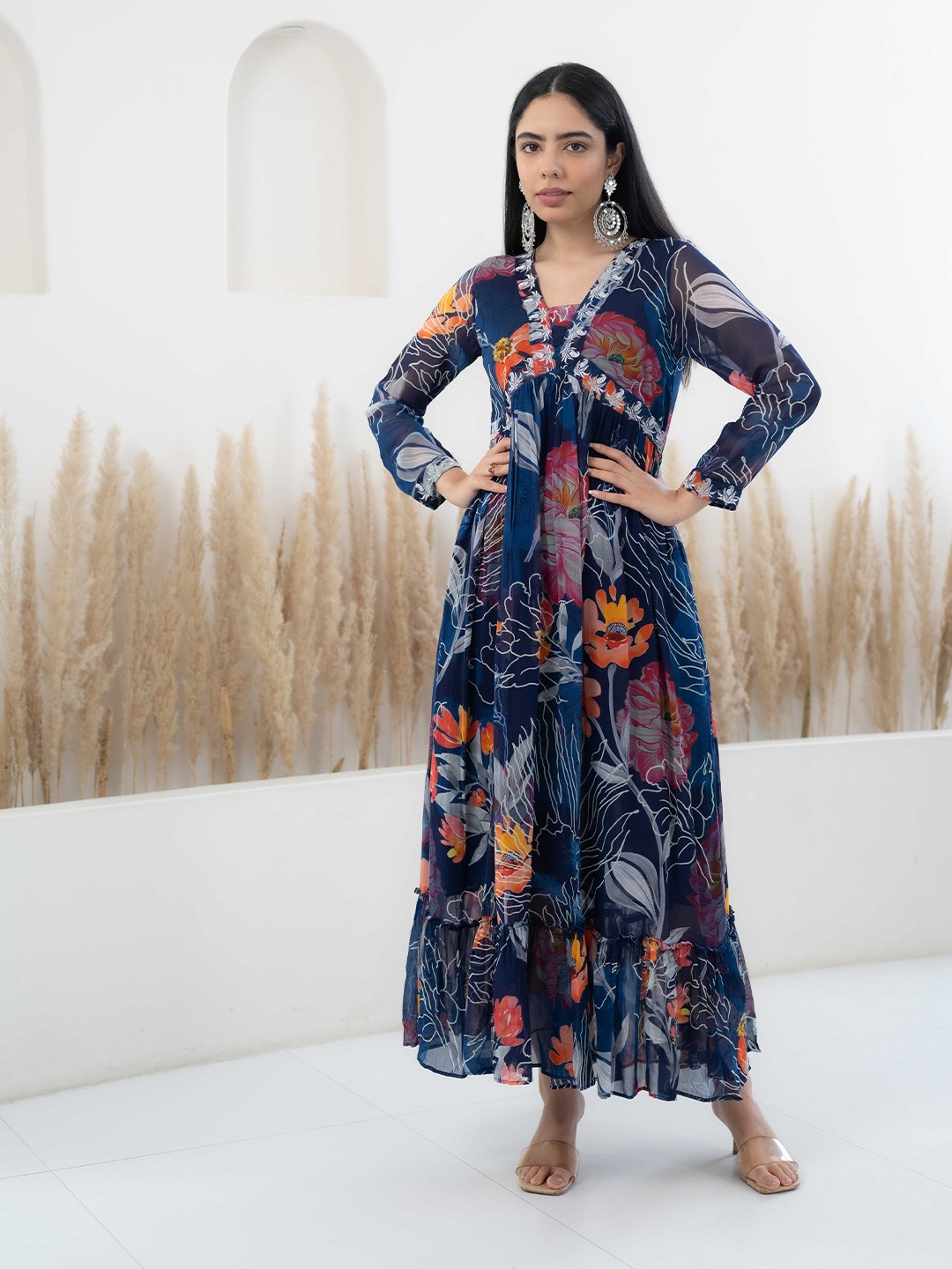 

KALINI Floral Printed Maxi Ethnic Dress, Navy blue
