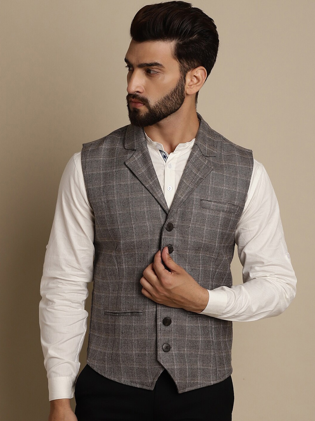 

even Notched Lapel Checked Woven Nehru Jacket, Brown