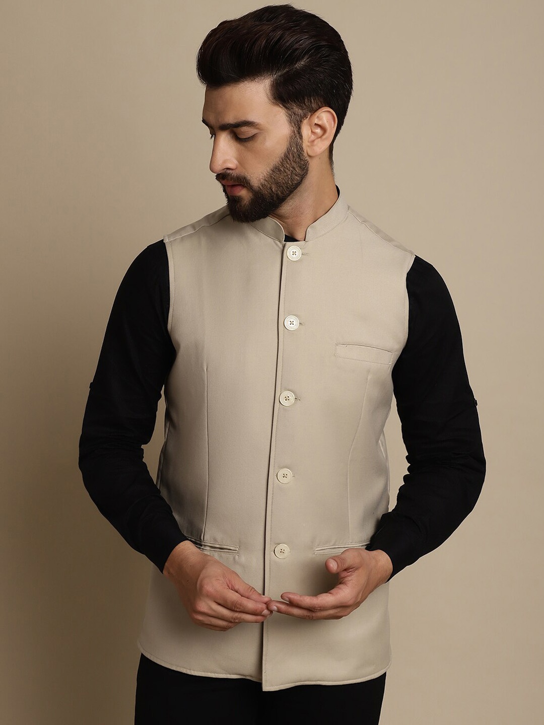 

even Mandarin Collar Nehru Jackets, Cream