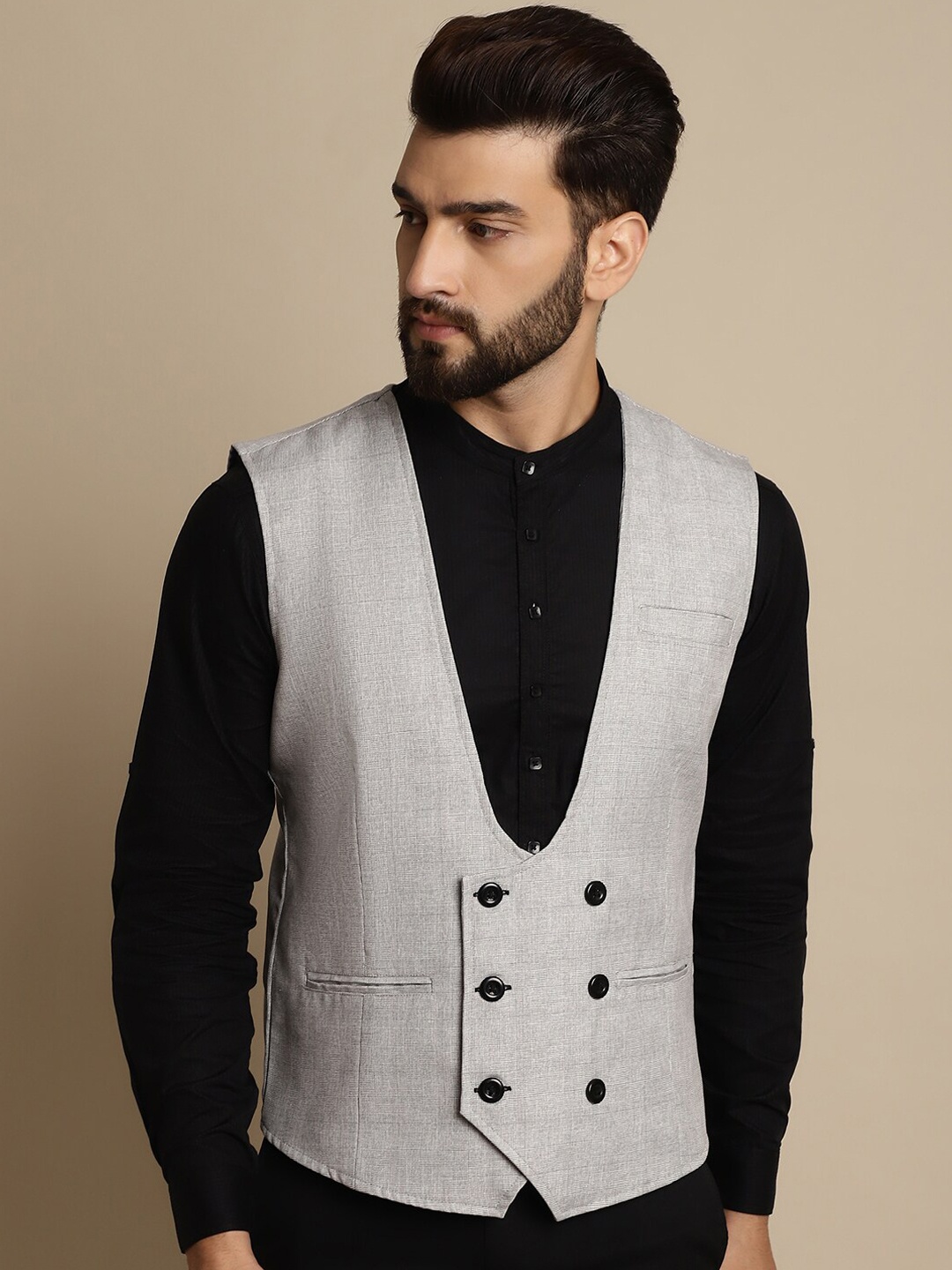 

even Checked Double Breasted Formal Waistcoat, Grey