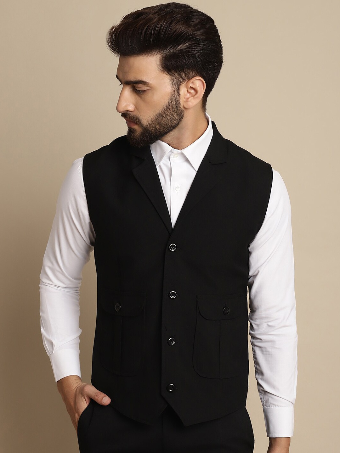 

even Notched Lapel Woven Nehru Jacket, Black