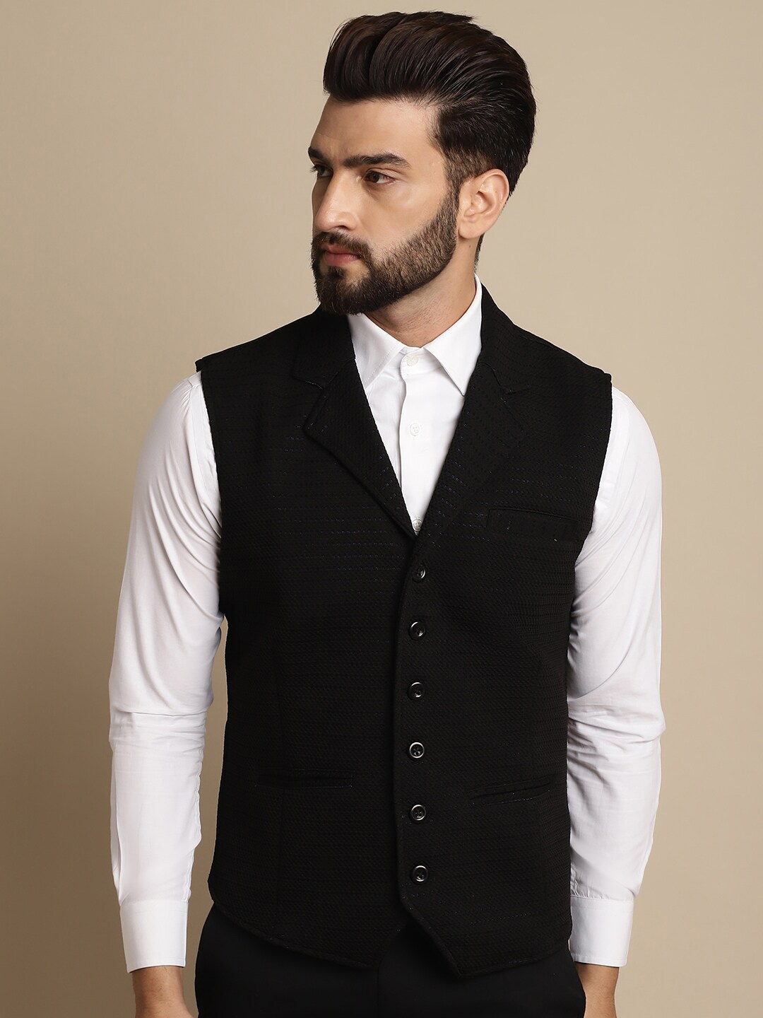 

even Notched Lapel Woven Design Nehru Jacket, Black