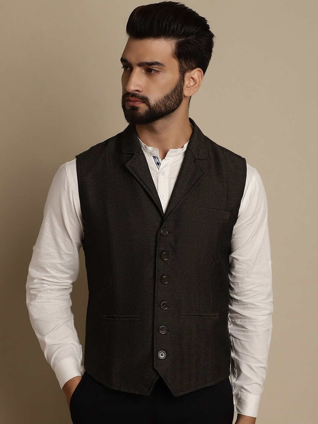 

even Notched Lapel Woven Design Nehru Jacket, Brown