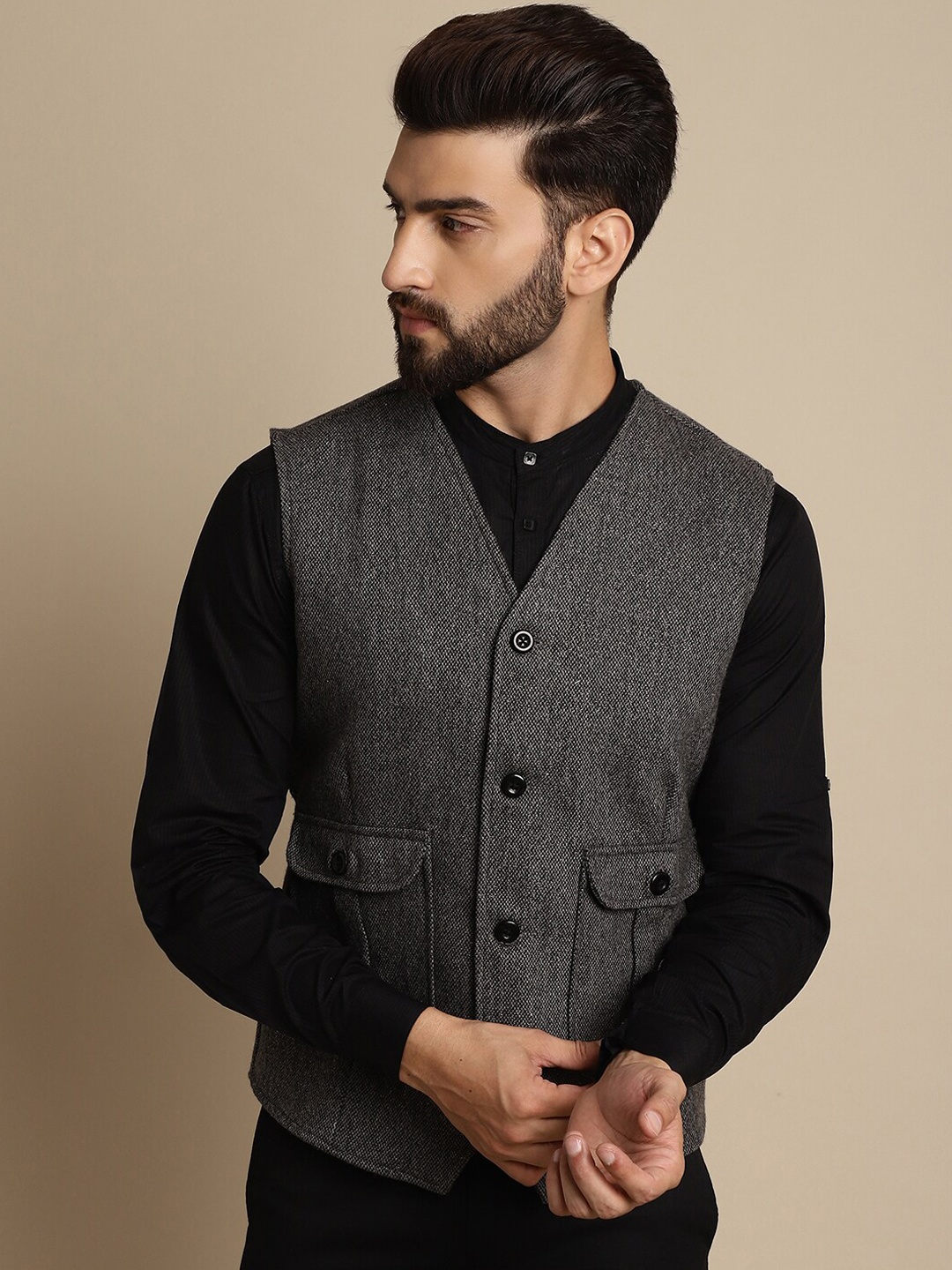 

even Patch Pocket Woven Design Nehru Jacket, Grey