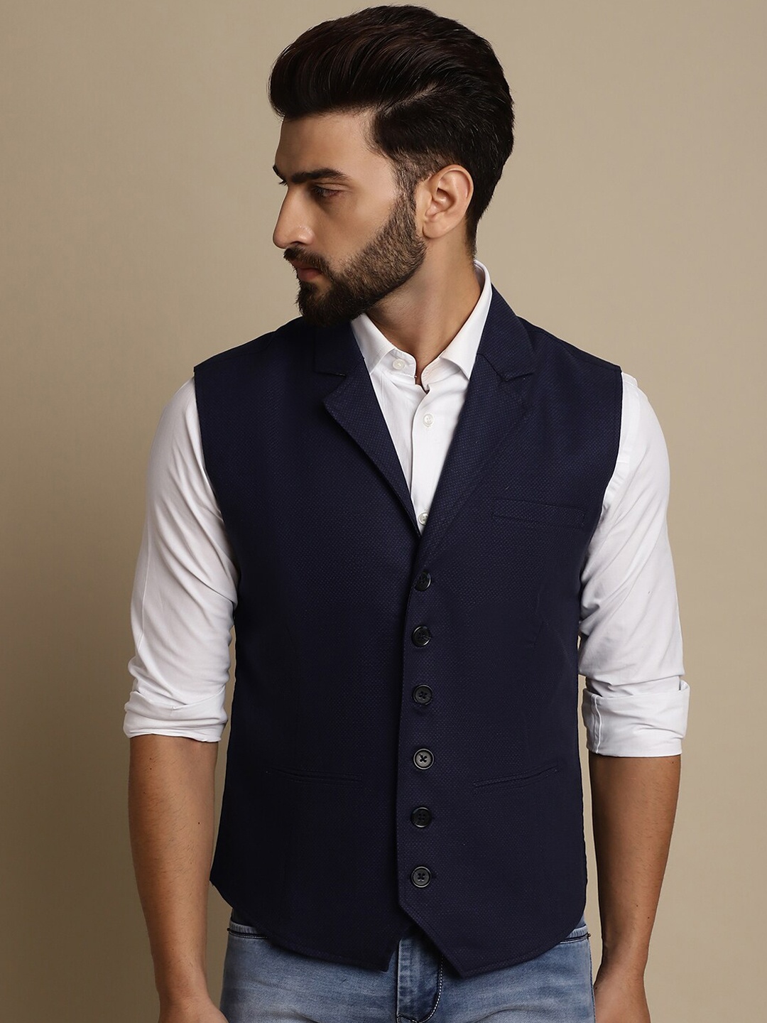 

even Self Design Notched-Collar Waistcoat, Navy blue