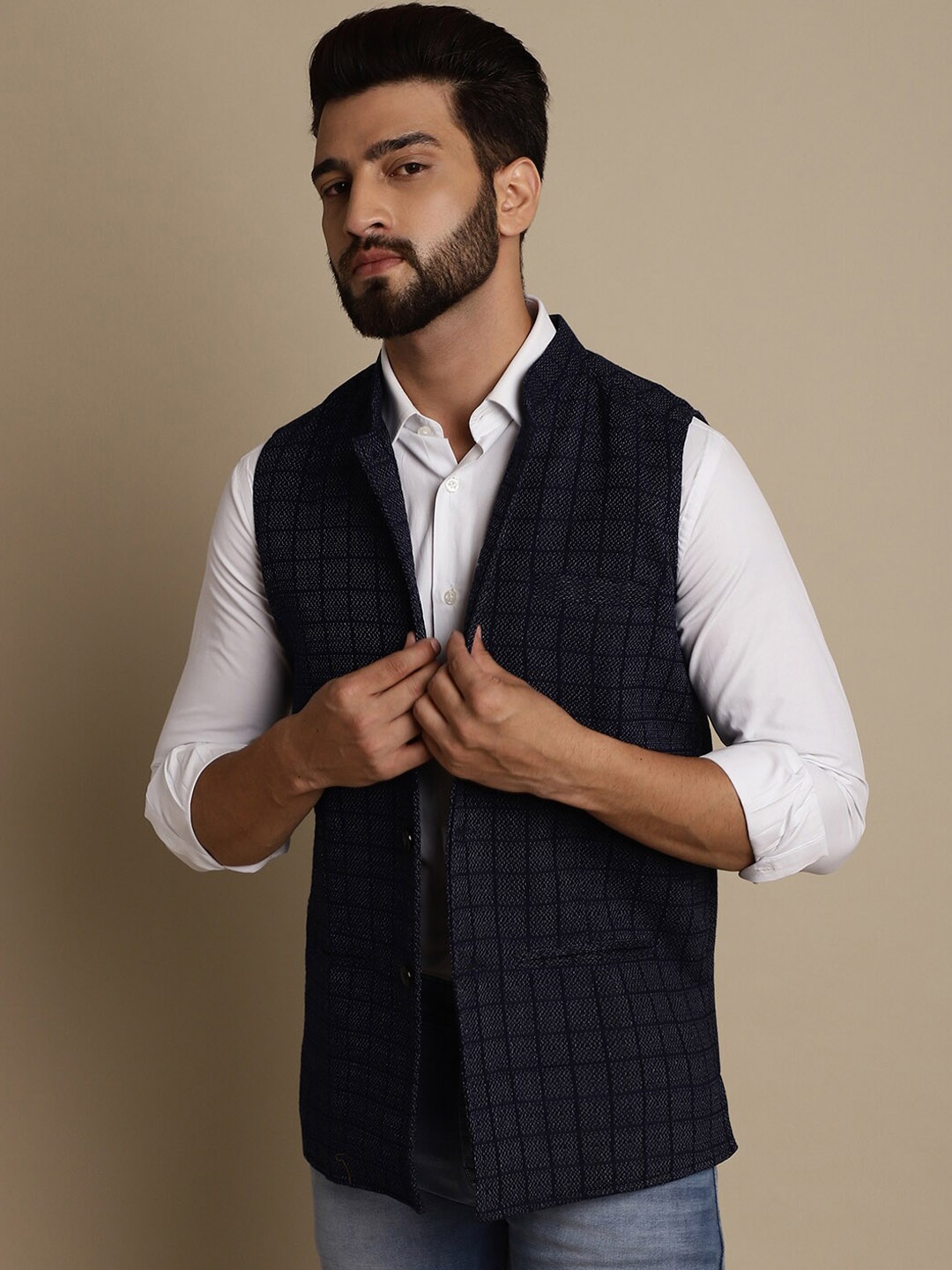 

even Mandarin Collar Check Woven Design Pure Cotton Nehru Jacket, Blue