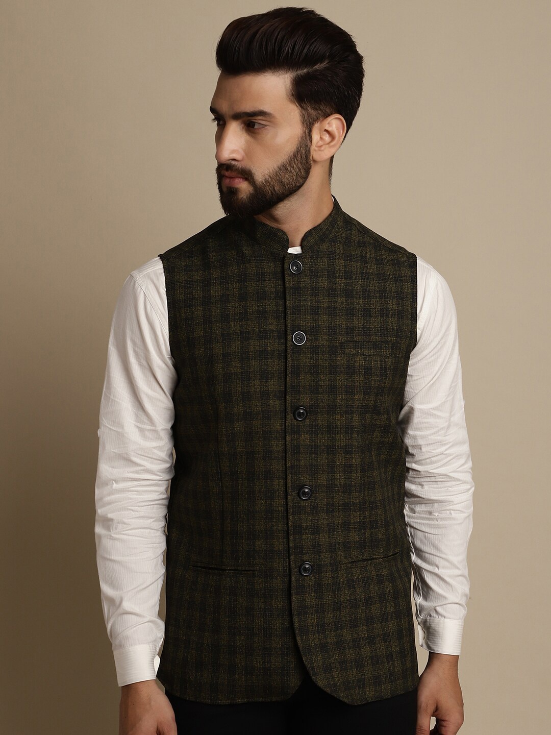 

even Mandarin Collar Checked Nehru Jackets, Olive