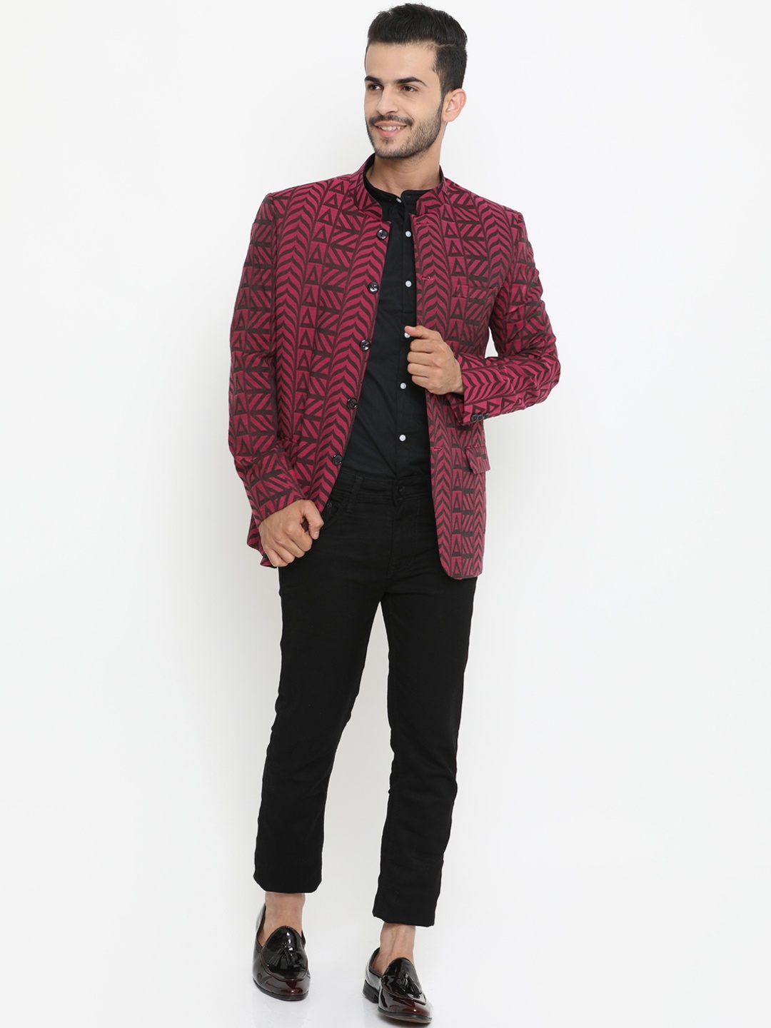 

SHOWOFF Men Maroon & Charcoal Grey Printed Slim Fit Single-Breasted Blazer