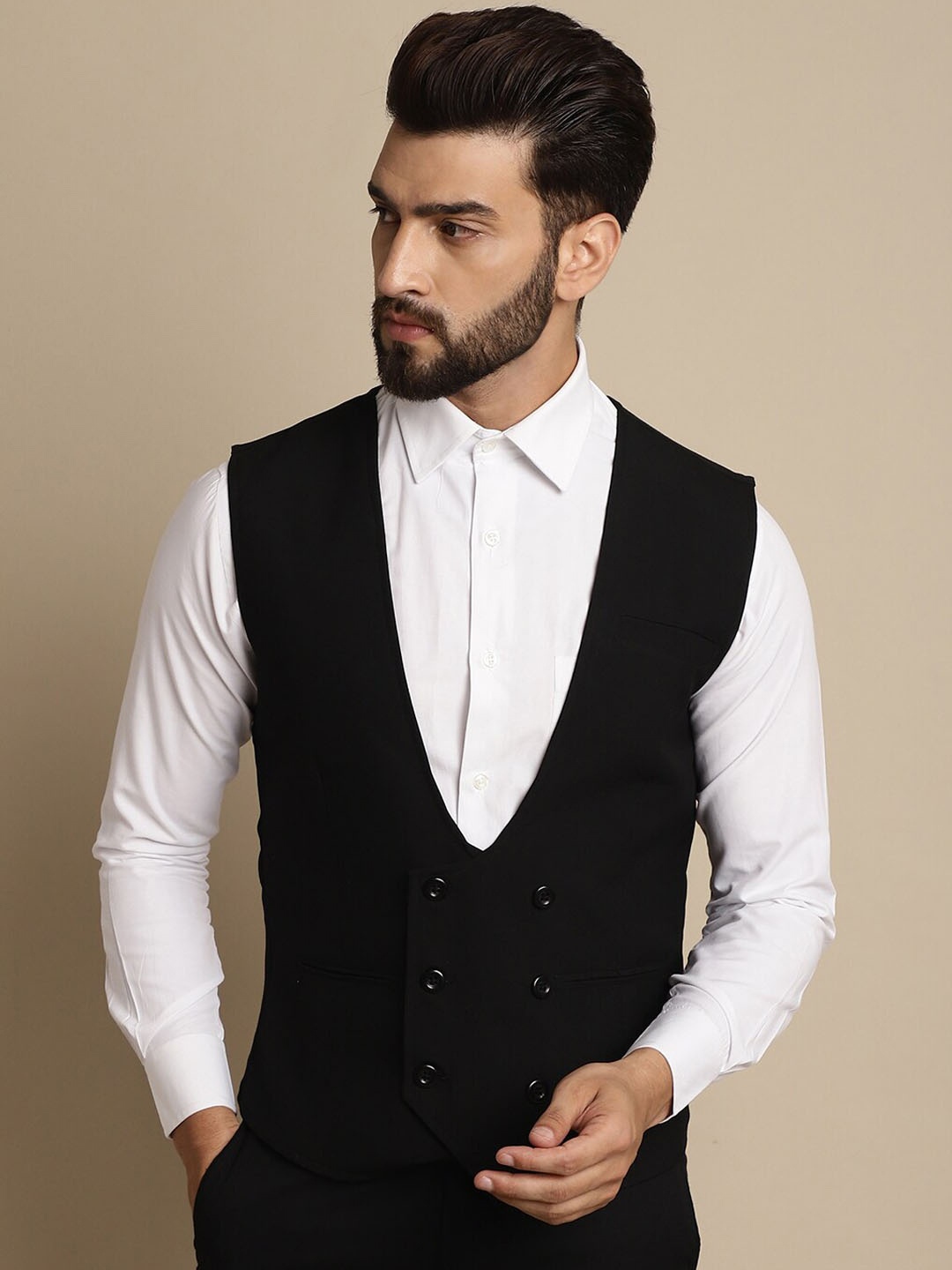 

even Double-Breasted Formal Waistcoat, Black