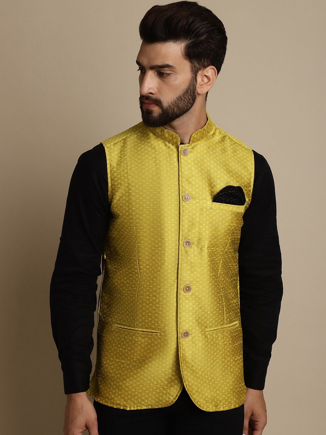 

even Mandarin Collar Woven Design Nehru Jacket, Yellow