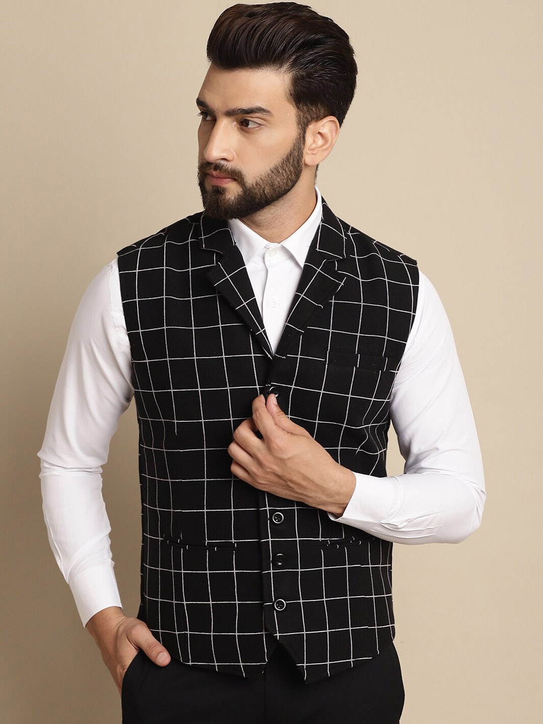 

even Checked Single Breasted Notched Lapel Collar Waistcoat, Black