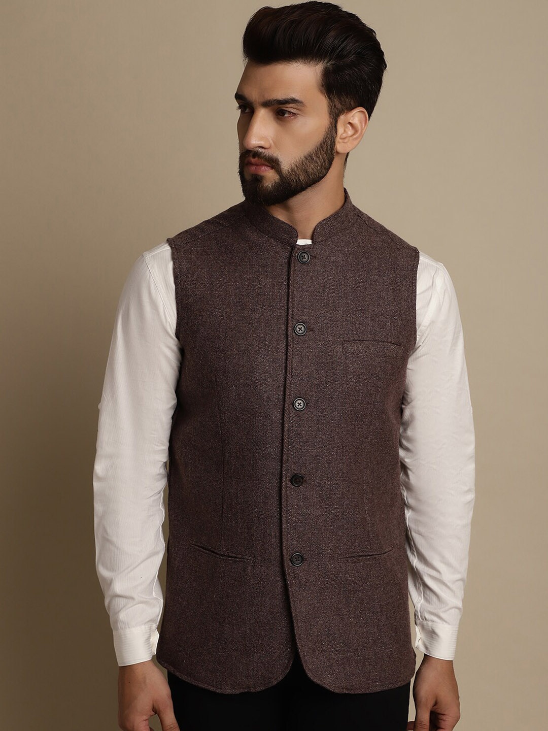 

even Mandarin Collar Woven Design Nehru Jacket, Brown