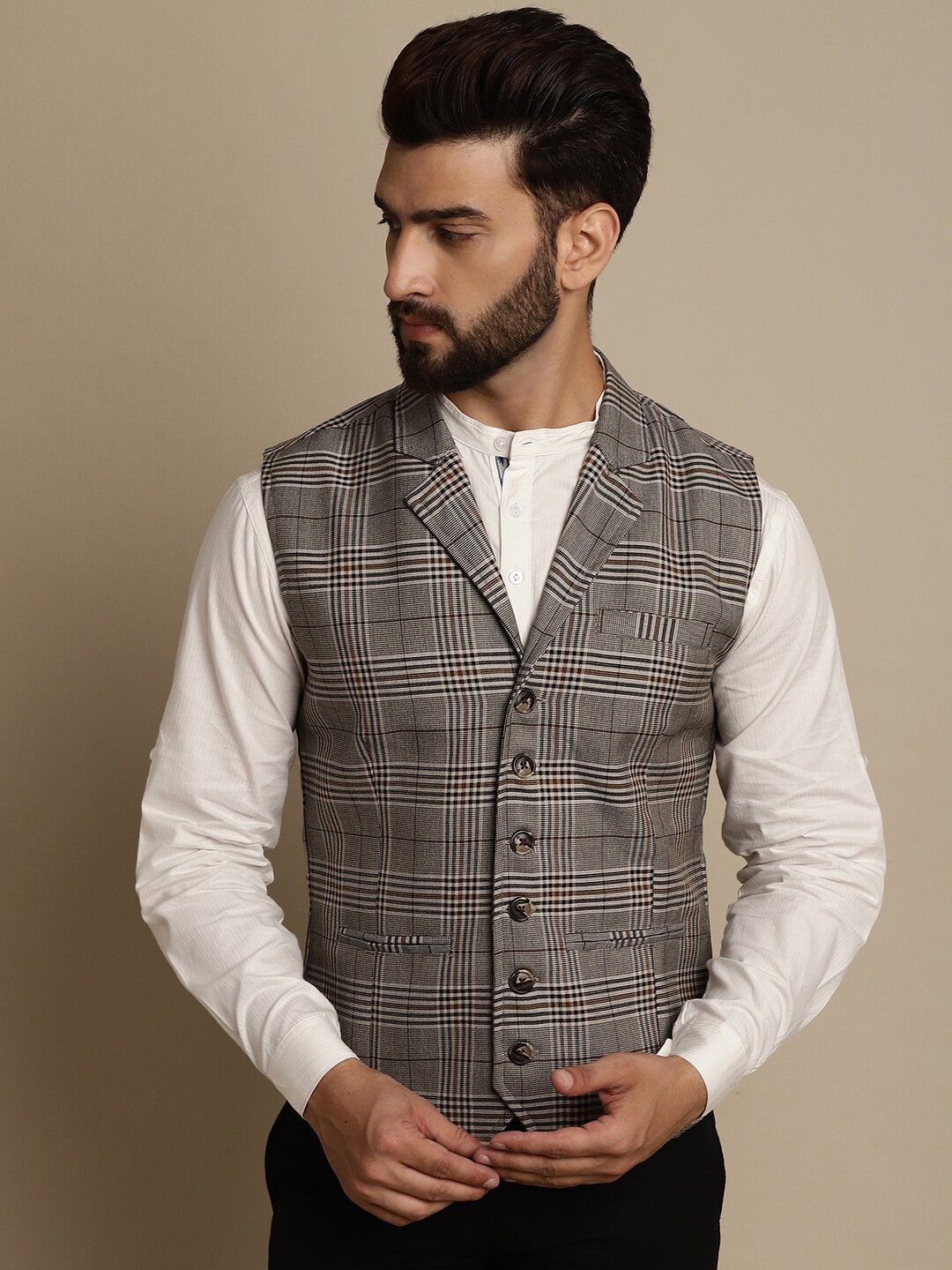 

even Checked Single Breasted Notched Lapel Collar Waistcoat, Grey