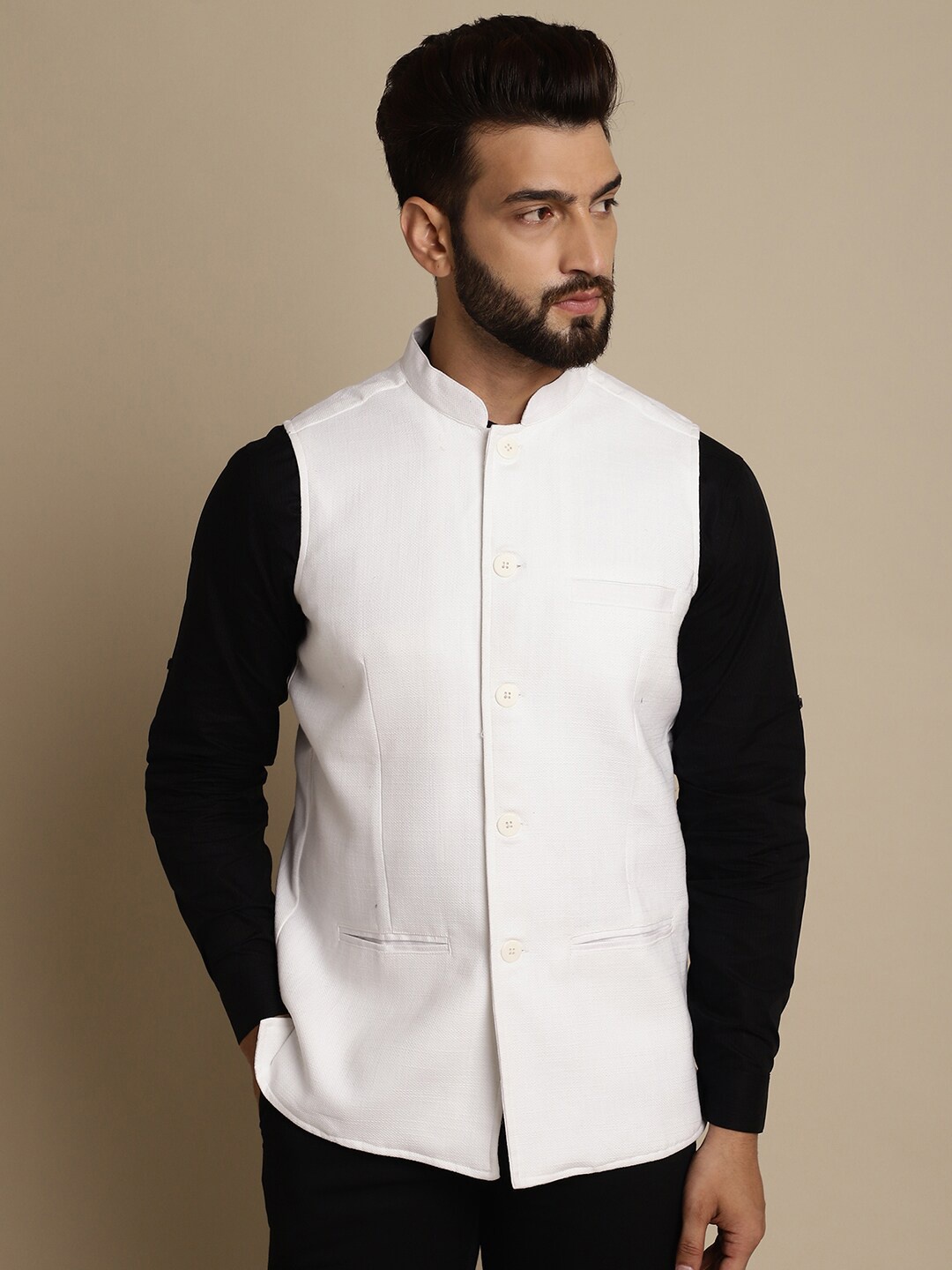 

even Mandarin Collar Woven Design Nehru Jacket, White