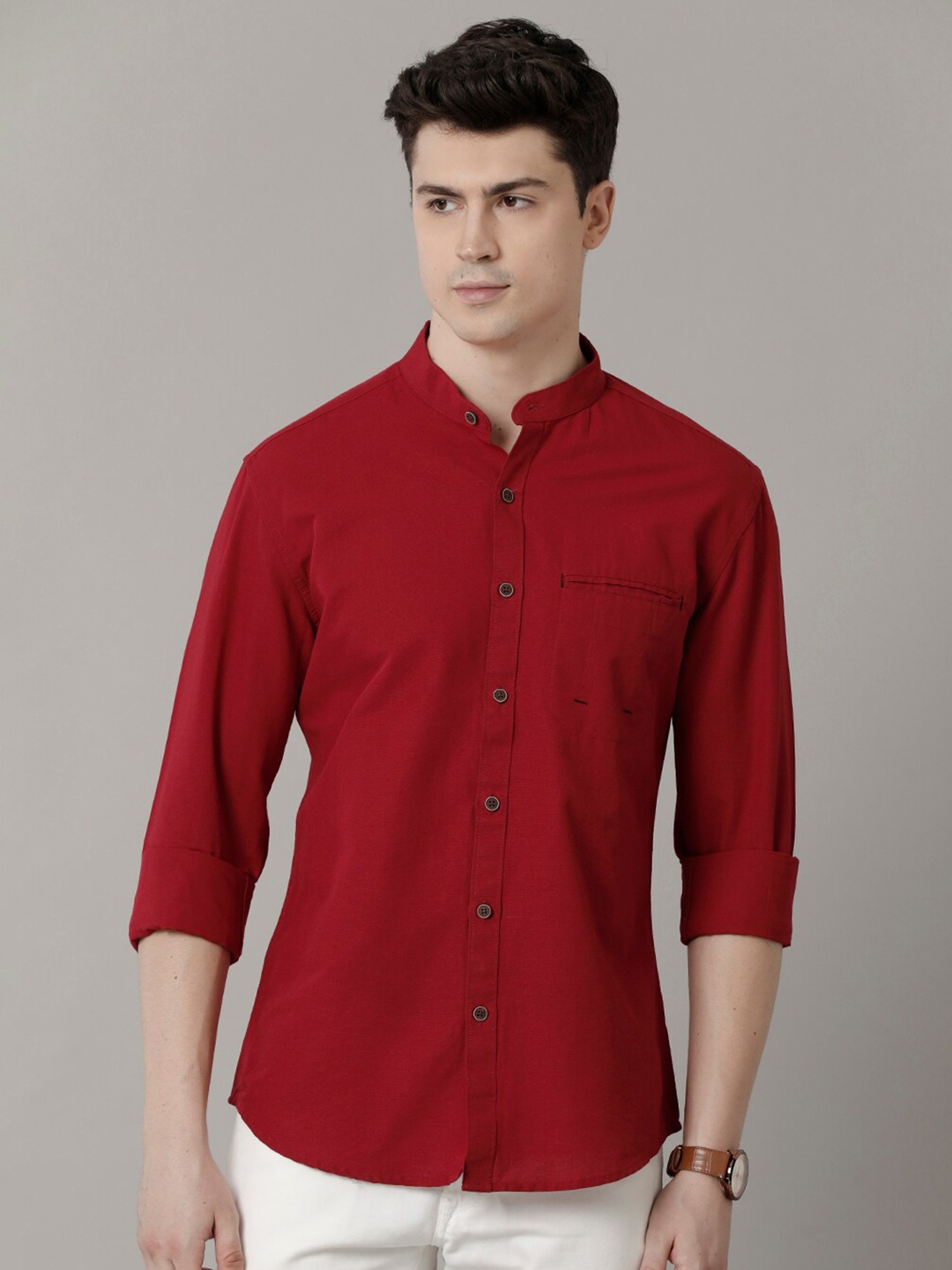 

YOVISH Comfort Mandarin Collar Long Sleeve Pure Cotton Casual Shirt, Red