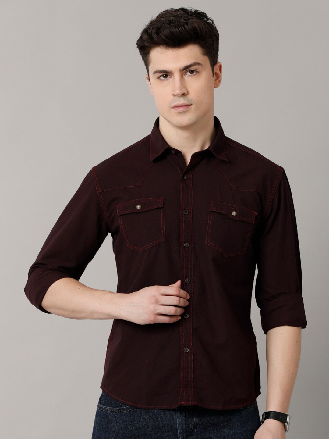 

YOVISH Comfort Spread Collar Long Sleeve Pure Cotton Casual Shirt, Maroon