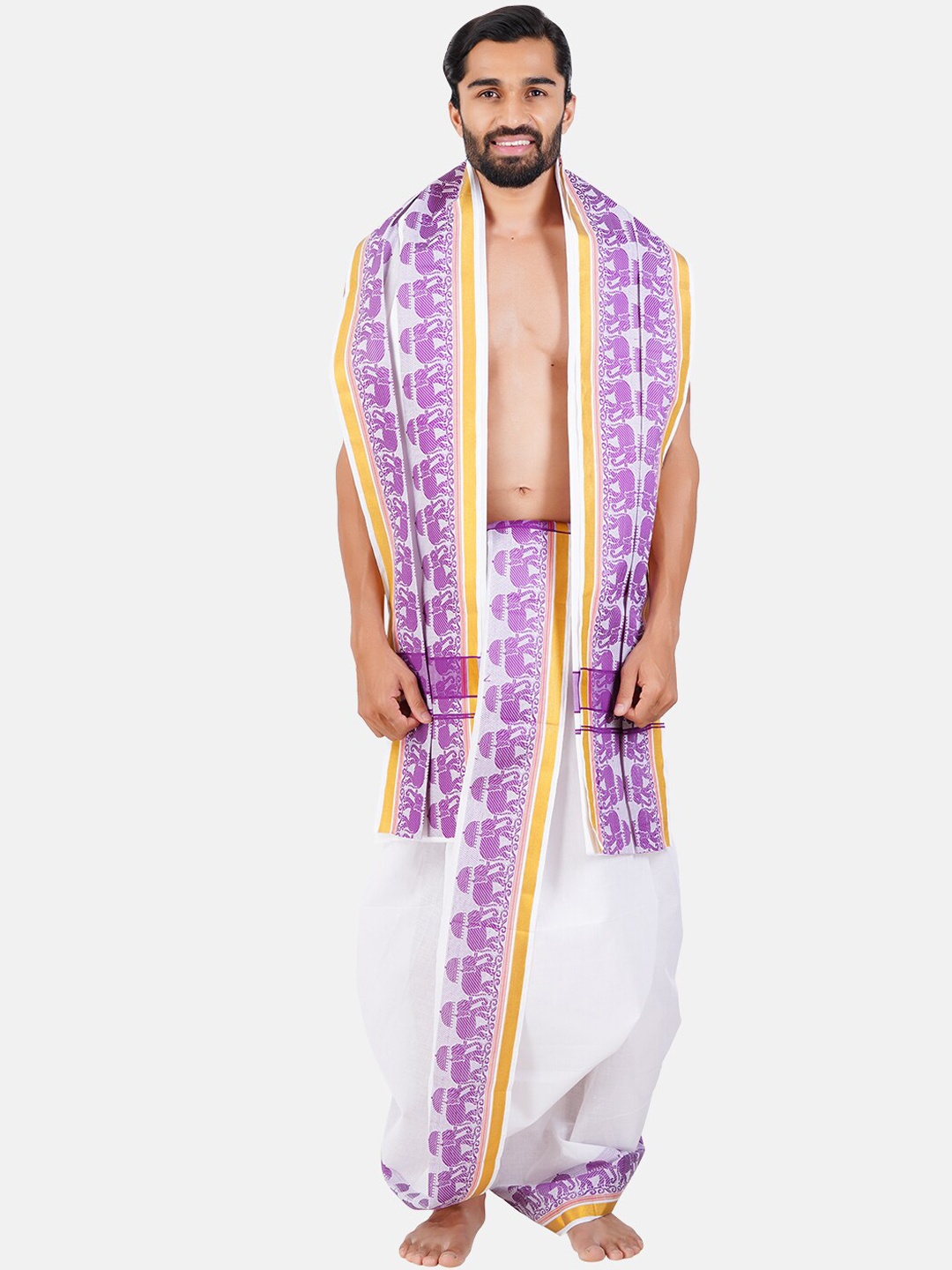 

Ramraj Men Mid-Rise Cotton Dhotis & Angavasthram Set, White