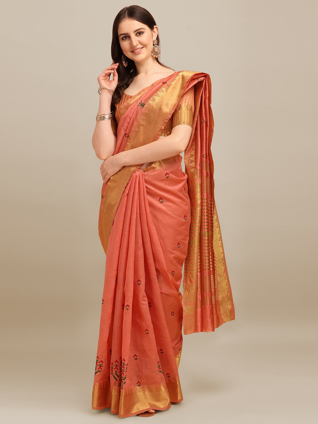

Mitera Peach Floral Embroidered Zari Saree