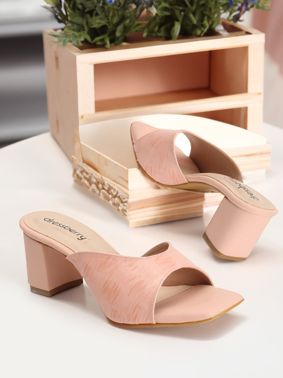 

DressBerry Pink Textured Open Toe Block Heels