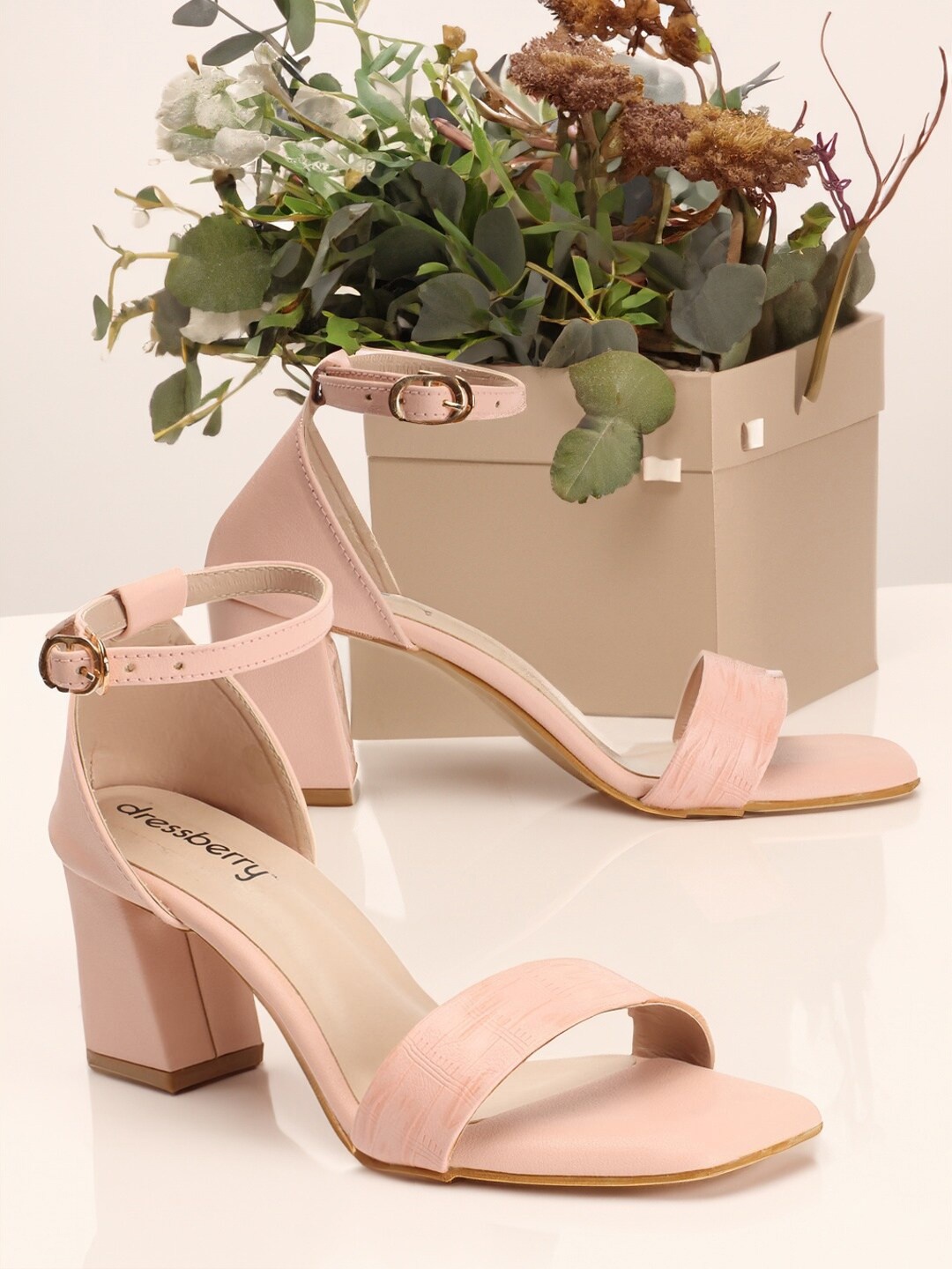 

DressBerry Pink Textured Open Toe Block Heels