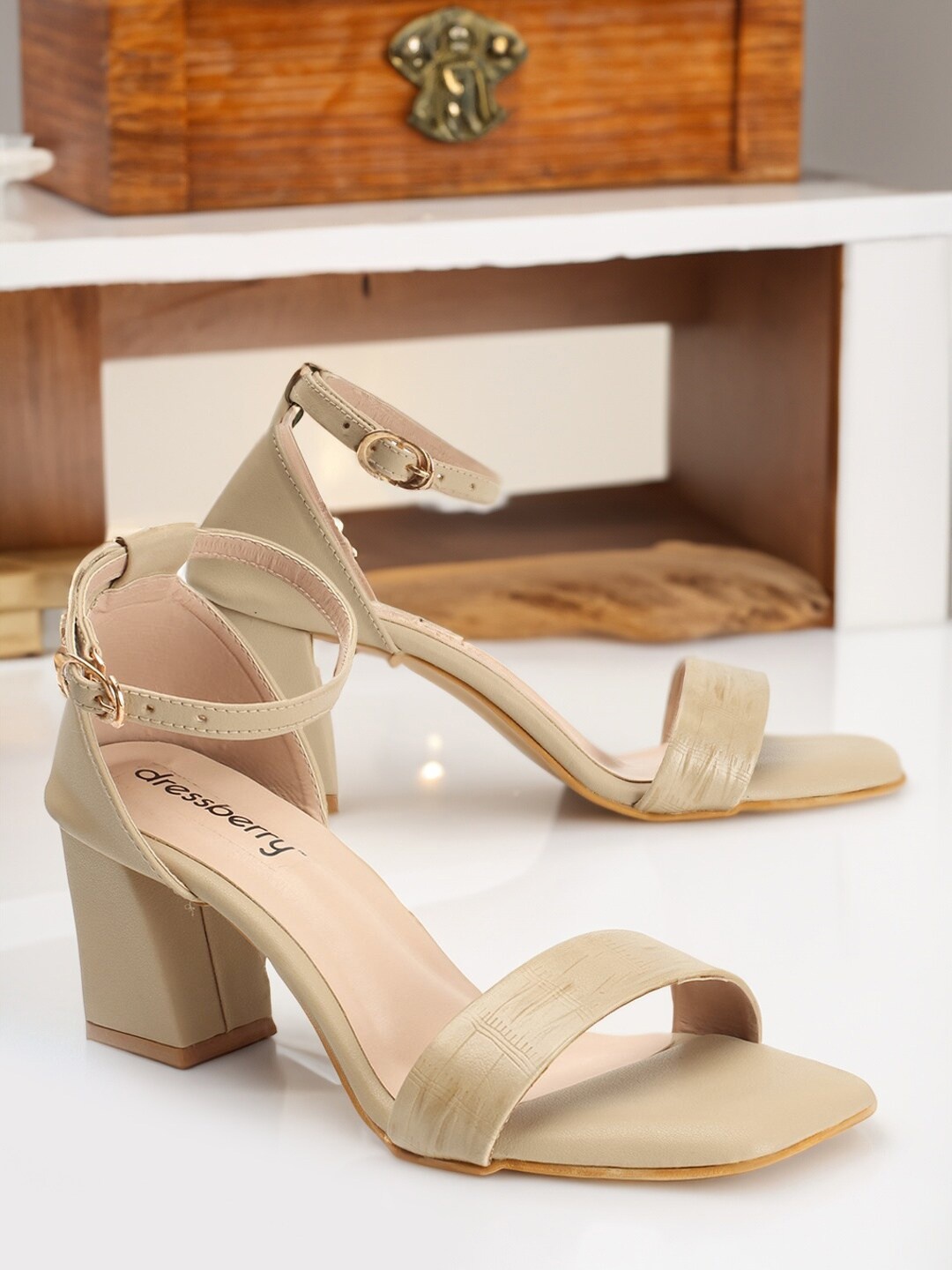 

DressBerry Beige Textured Open Toe Block Heels With Ankle Loop