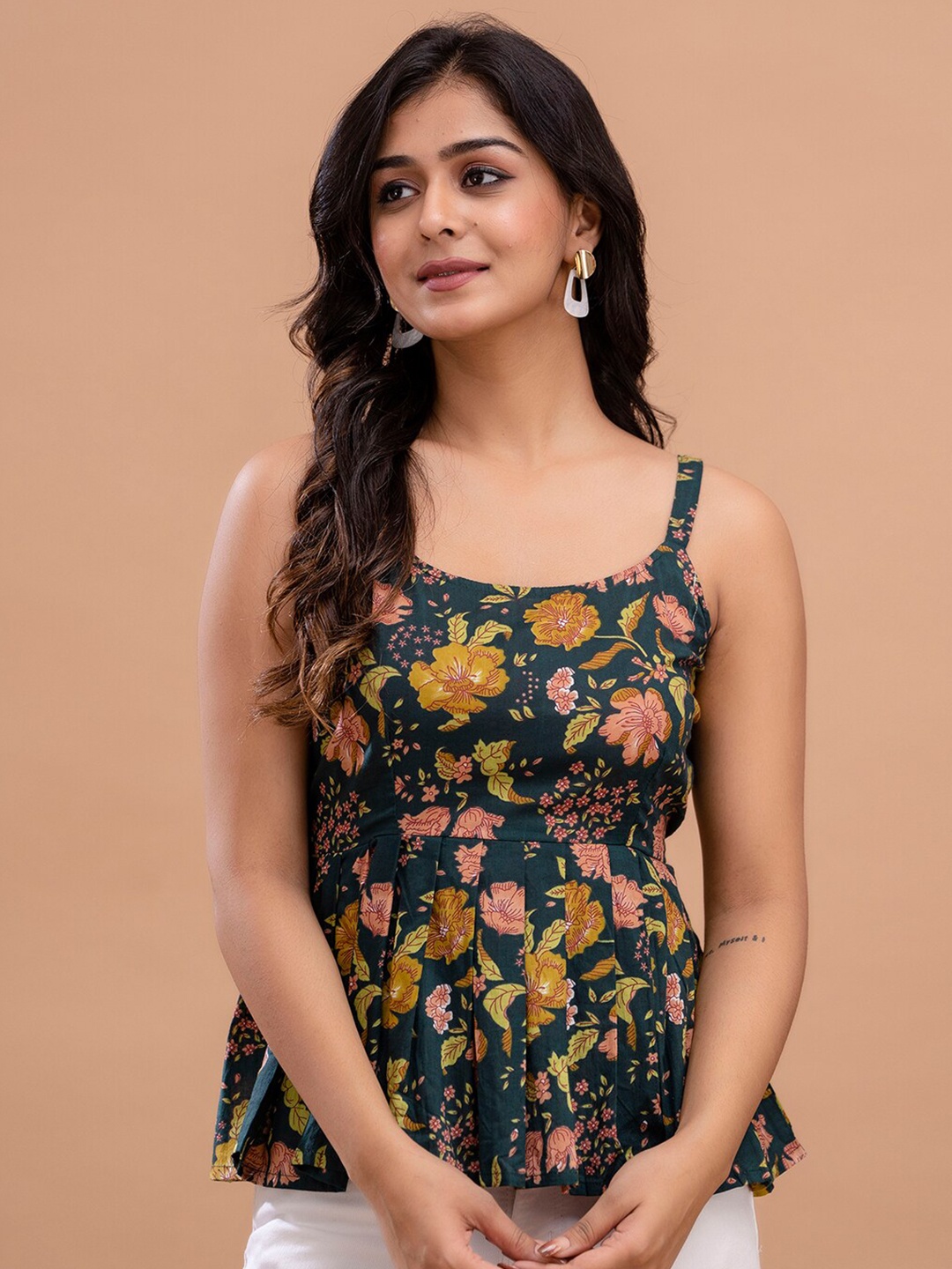 

FERANOID Floral Print Cotton Peplum Top, Green