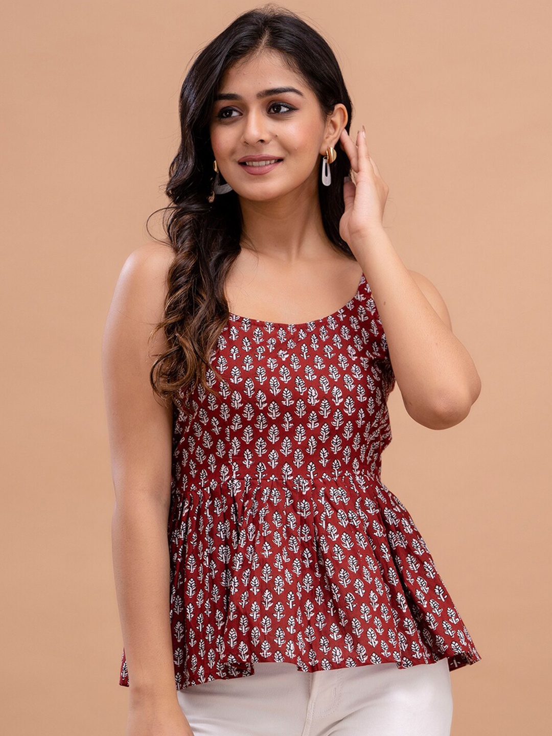 

FERANOID Geometric Print Cotton Peplum Top, Maroon