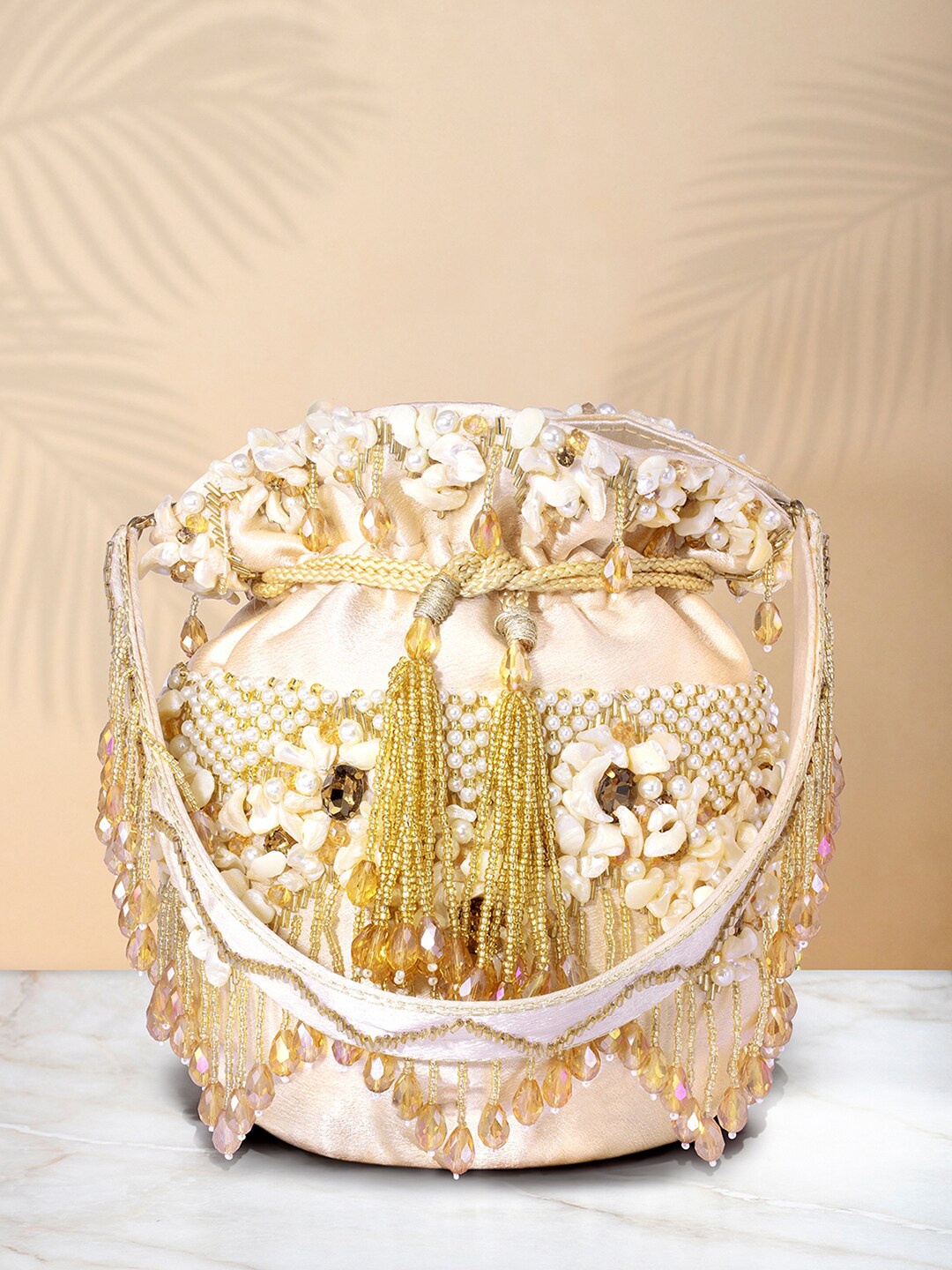 

Peora Embellished Wrist Loop Potli Clutch, Cream