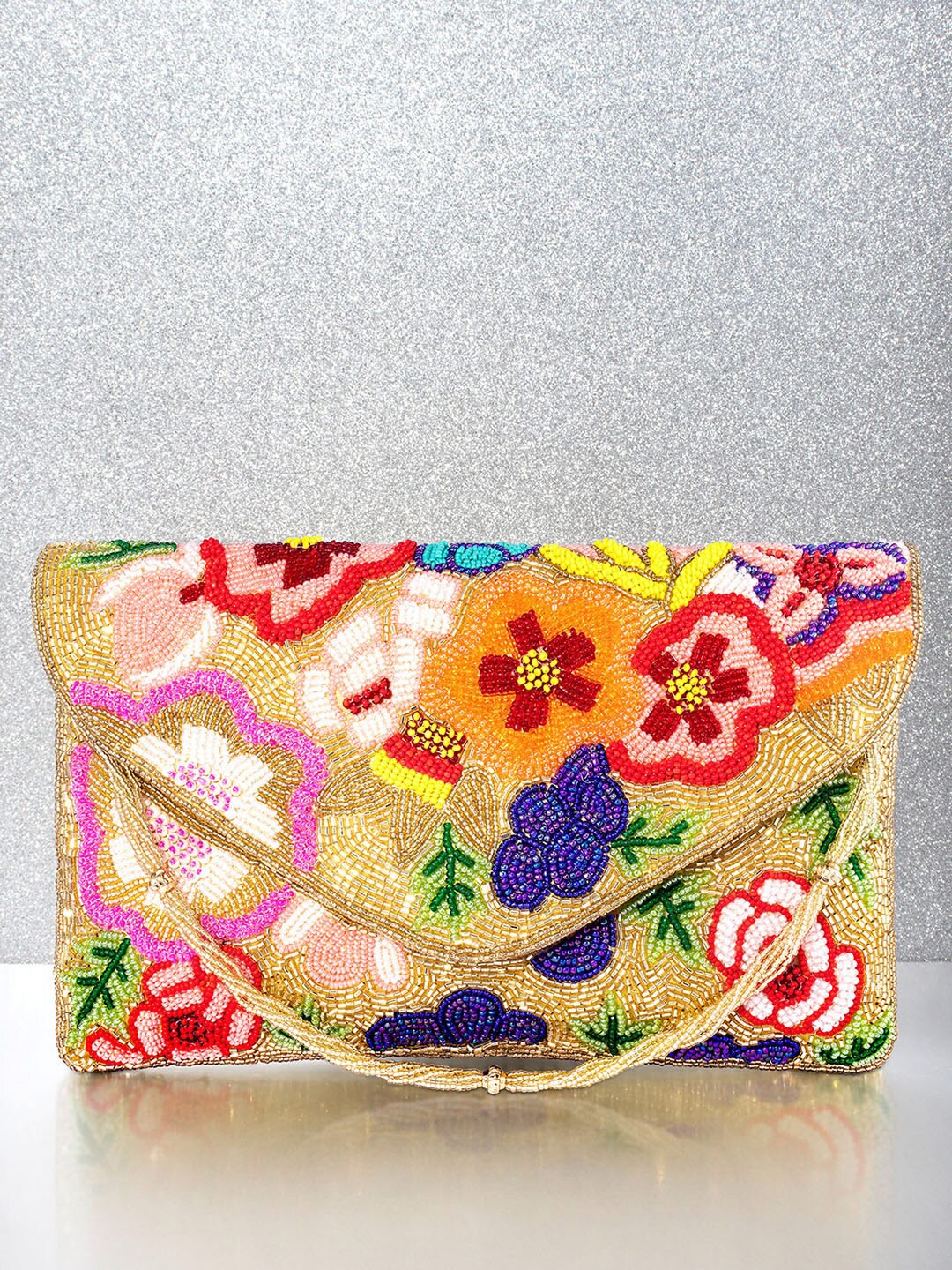 

Peora Floral Embellished Party Envelope Clutch, Gold