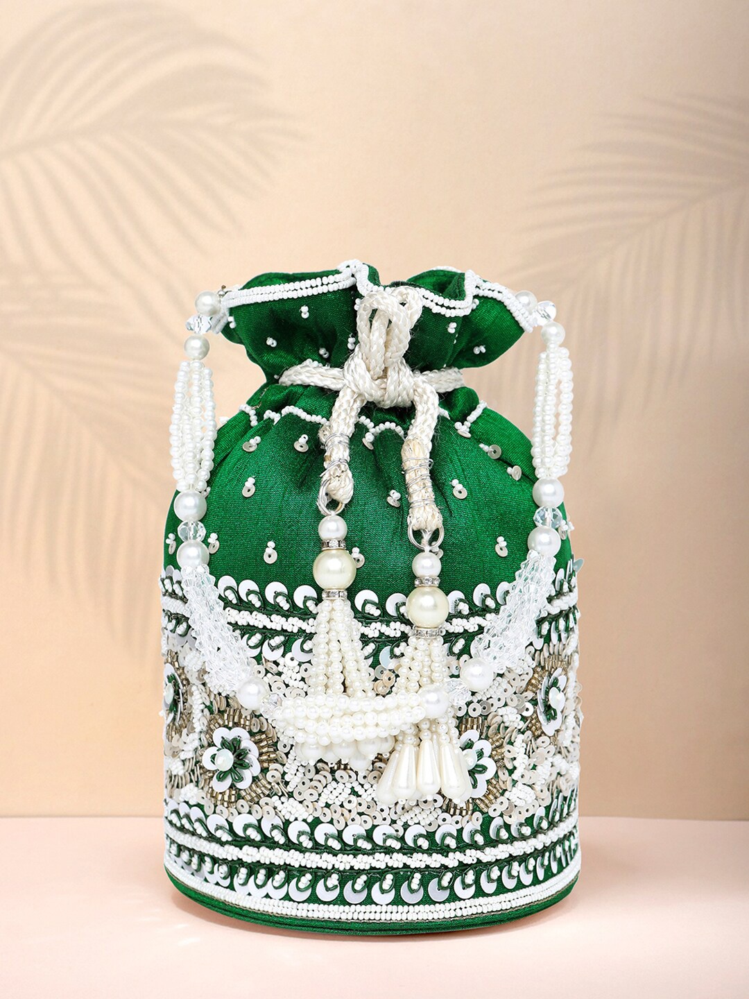 

Peora Embellished Fabric Party Potli With Wrist Loop, Green