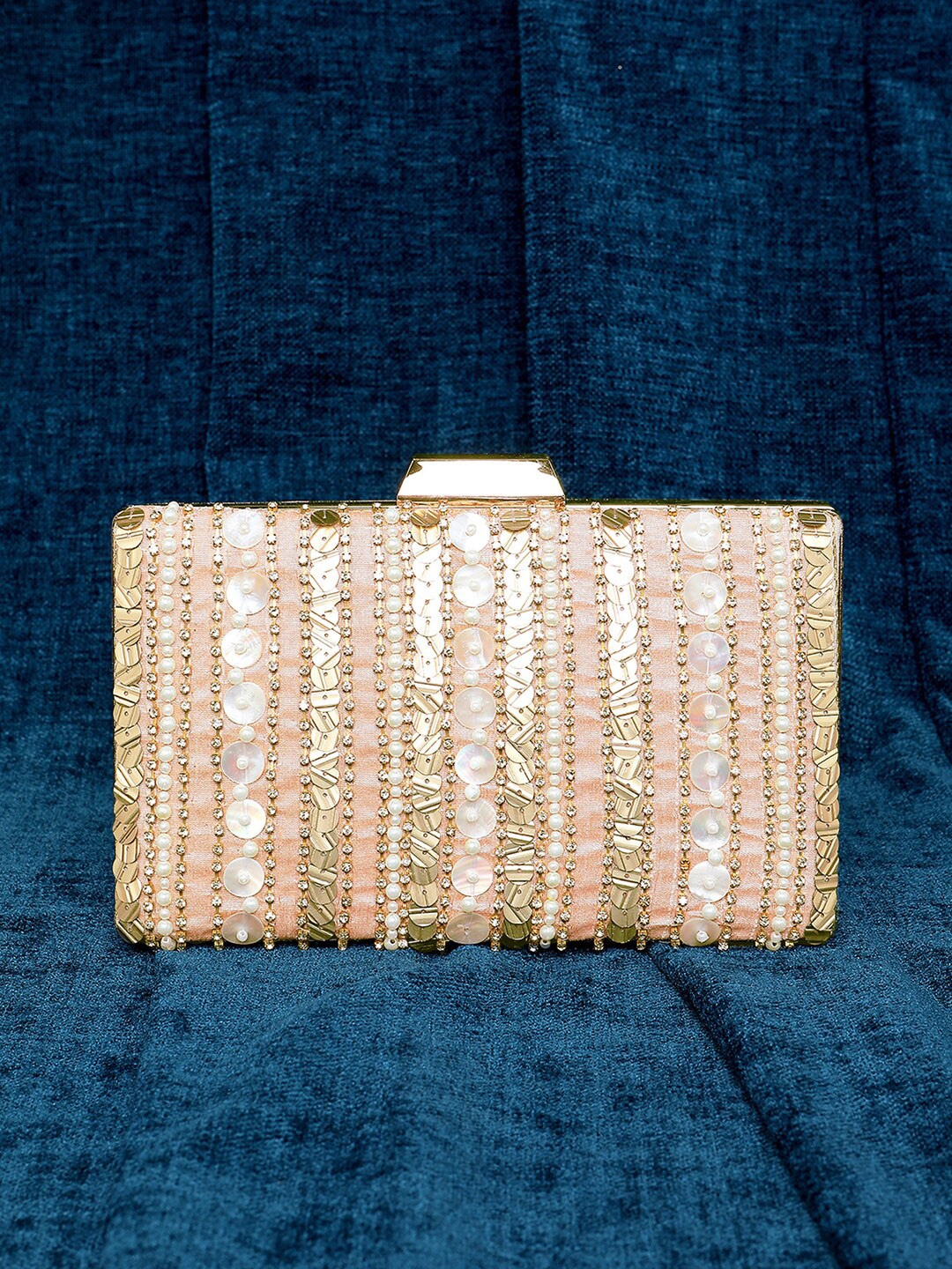 

Peora Peach-Coloured & White Embellished Box Clutch