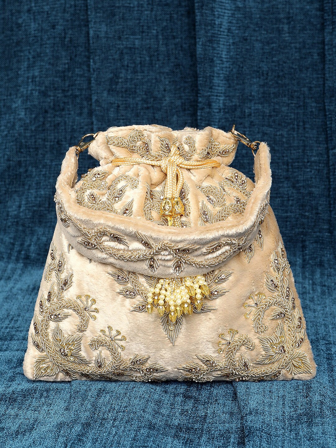 

Peora Embellished Embroidered Potli Clutch, Cream