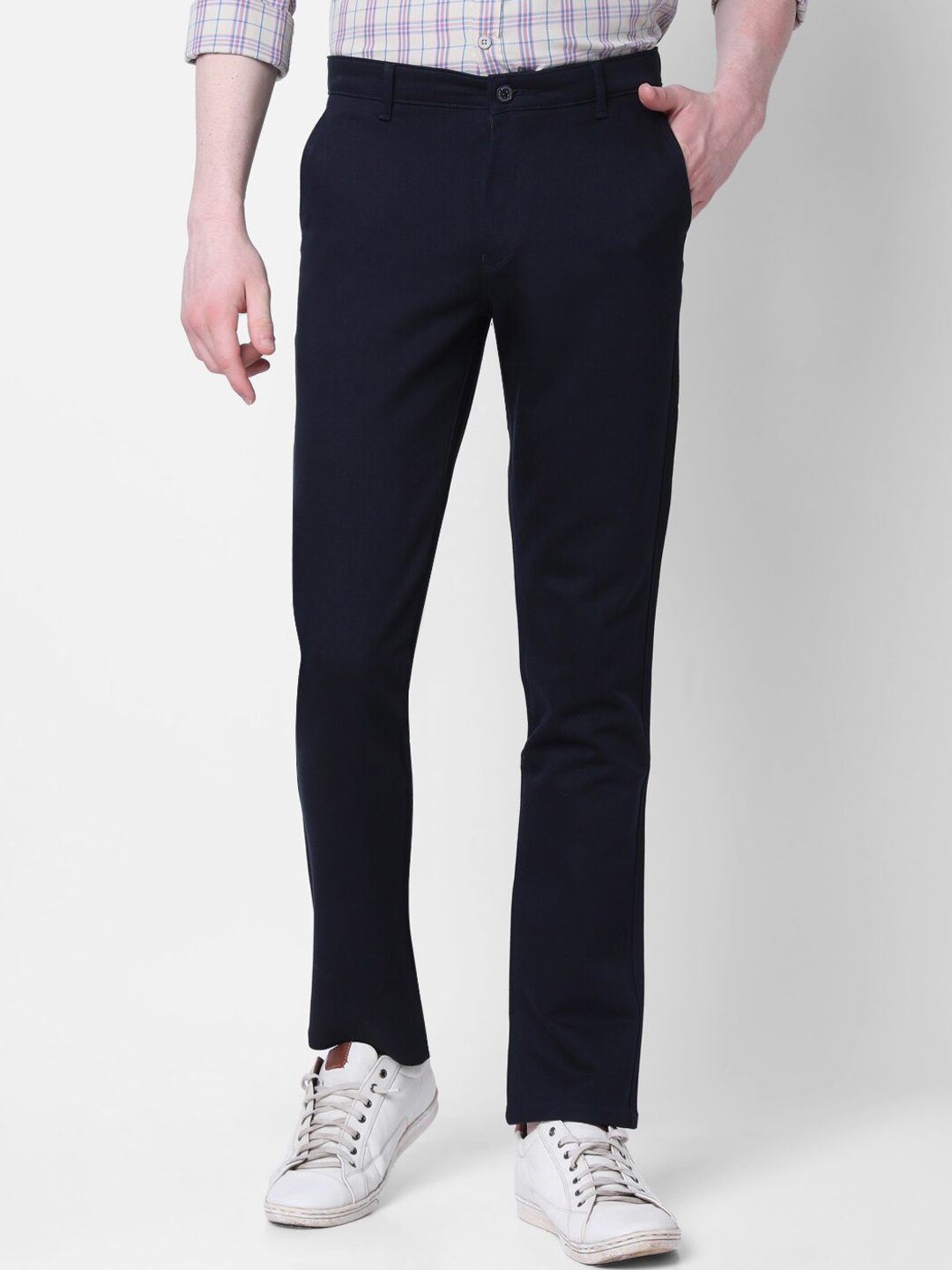 

MOZZO Men Slim Fit Cotton Trousers, Navy blue