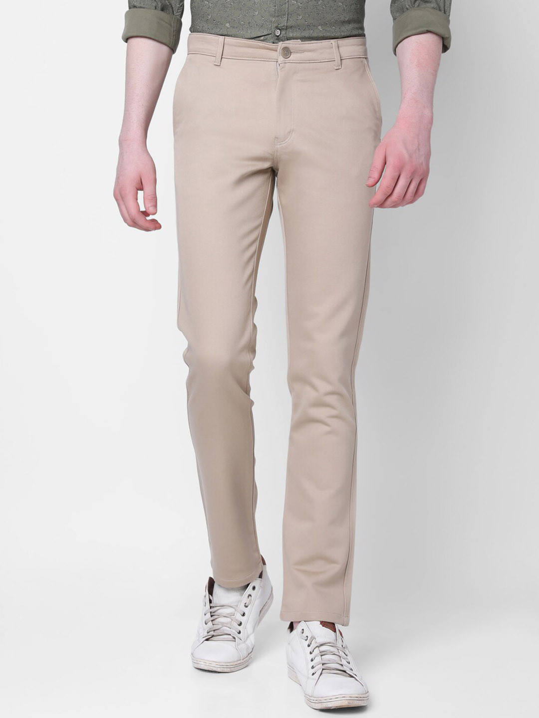 

MOZZO Men Slim Fit Cotton Trousers, Beige