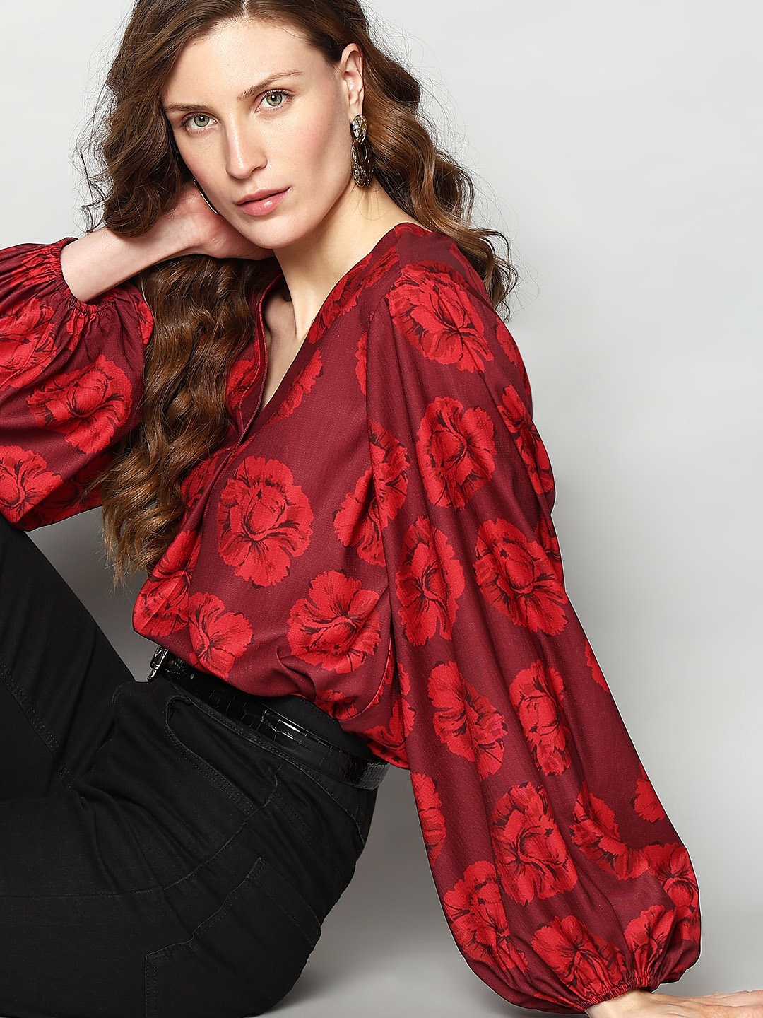 Vero Moda Floral Bishop Sleeves Top, Red
