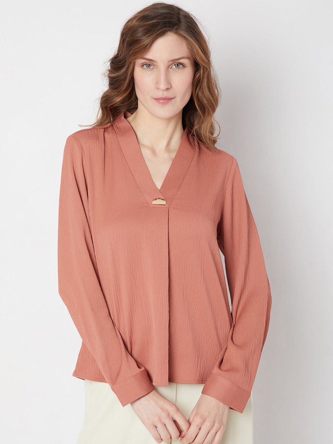 

Vero Moda V-Neck Studded Shirt Style Top, Brown