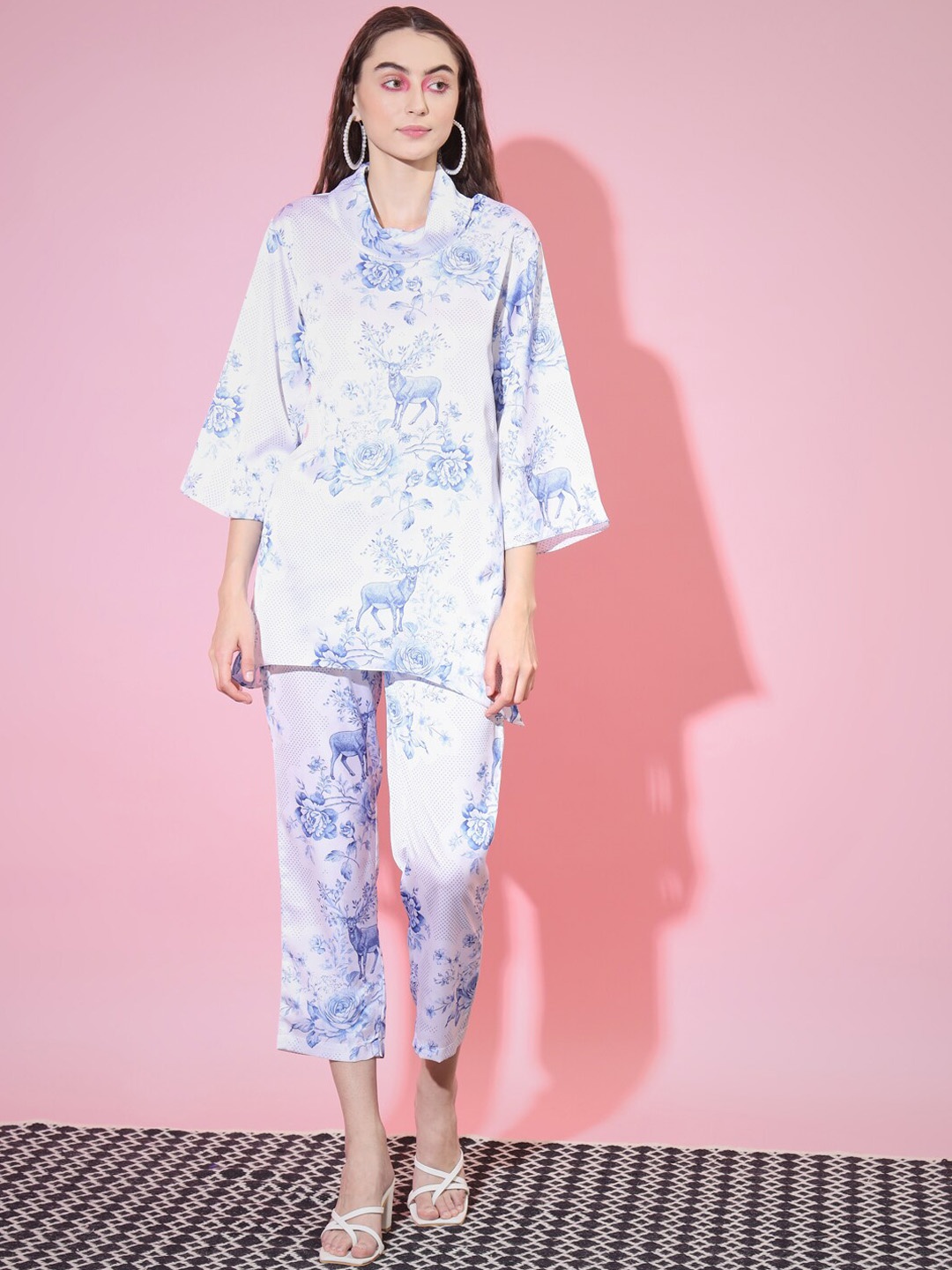 

KALINI Printed High Neck Top With Trousers, Blue
