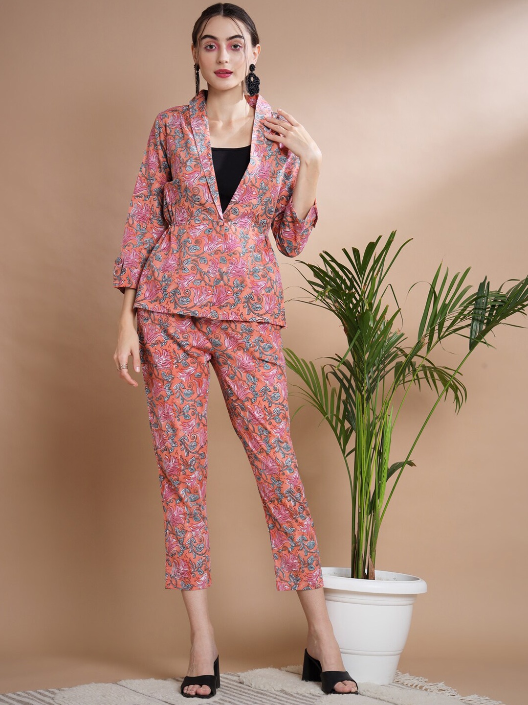 

KALINI Printed Pure Cotton Coat With Trousers, Orange