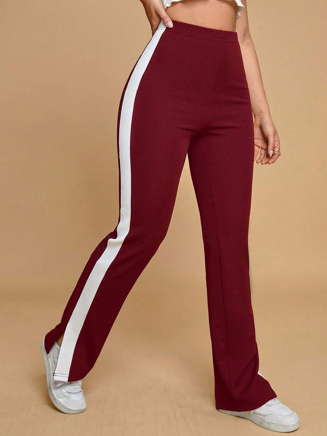 

WESTHOOD Women Side Stripes Relaxed Flared High-Rise Bootcut Trousers, Maroon