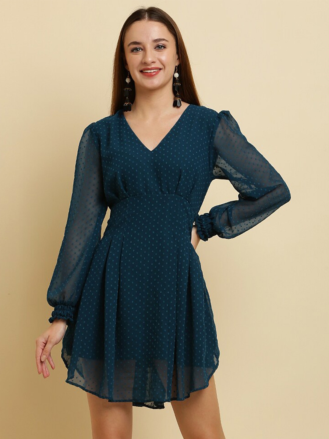 

HERE&NOW Teal Blue Self Design Puff Sleeves High Low A-Line Dress