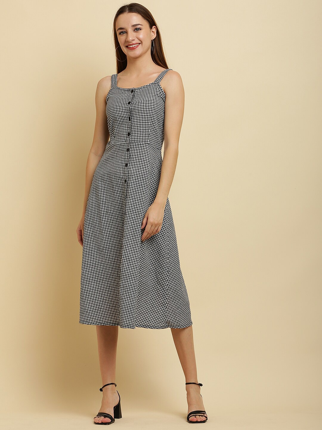 

HERE&NOW Checked Pure Cotton A-Line Midi Dress, Black