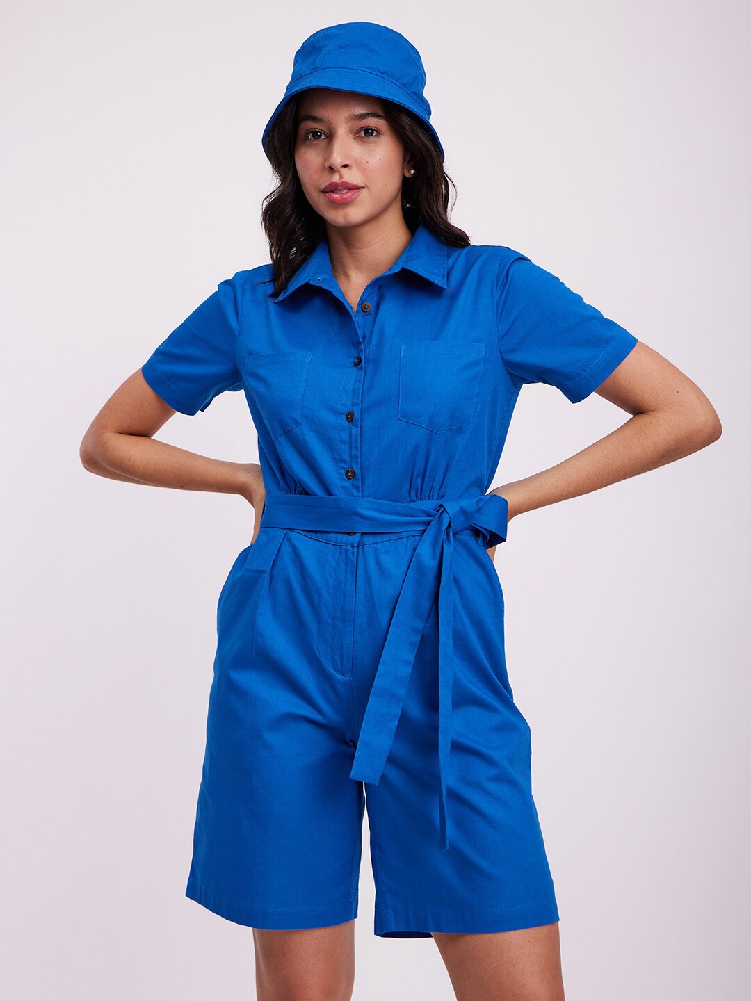

FableStreet Shirt Collar Linen Playsuit, Blue